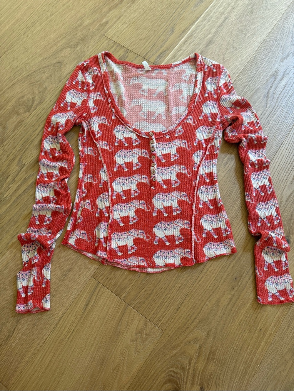Free People Red Elephant Print Waffle Scoop Neck Long Sleeve Top Small